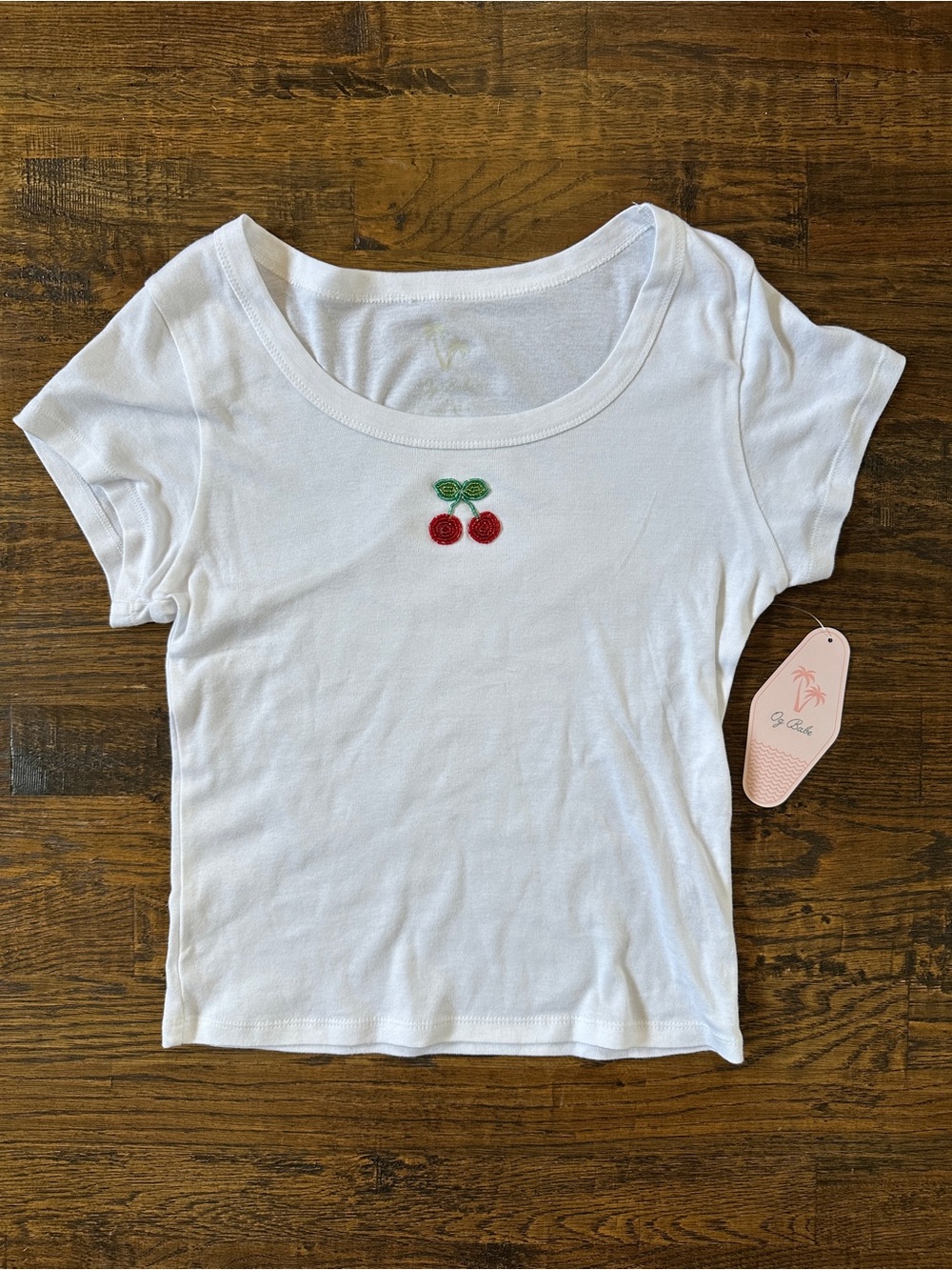 NEW White T-Shirt Top Cherry  Beaded Embroidery Teen Large L Women’s XS - NWT